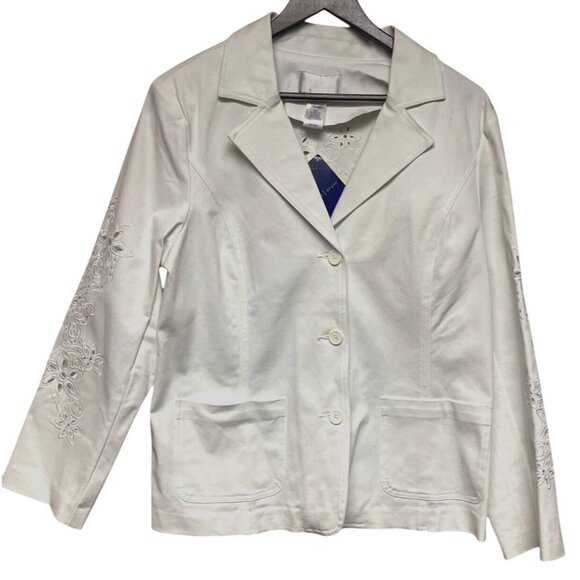 Susan Graver Jackets & Blazers - NEW! Susan Graver Women's White Denim Blazer Embroidered Cut Out Pockets Medium